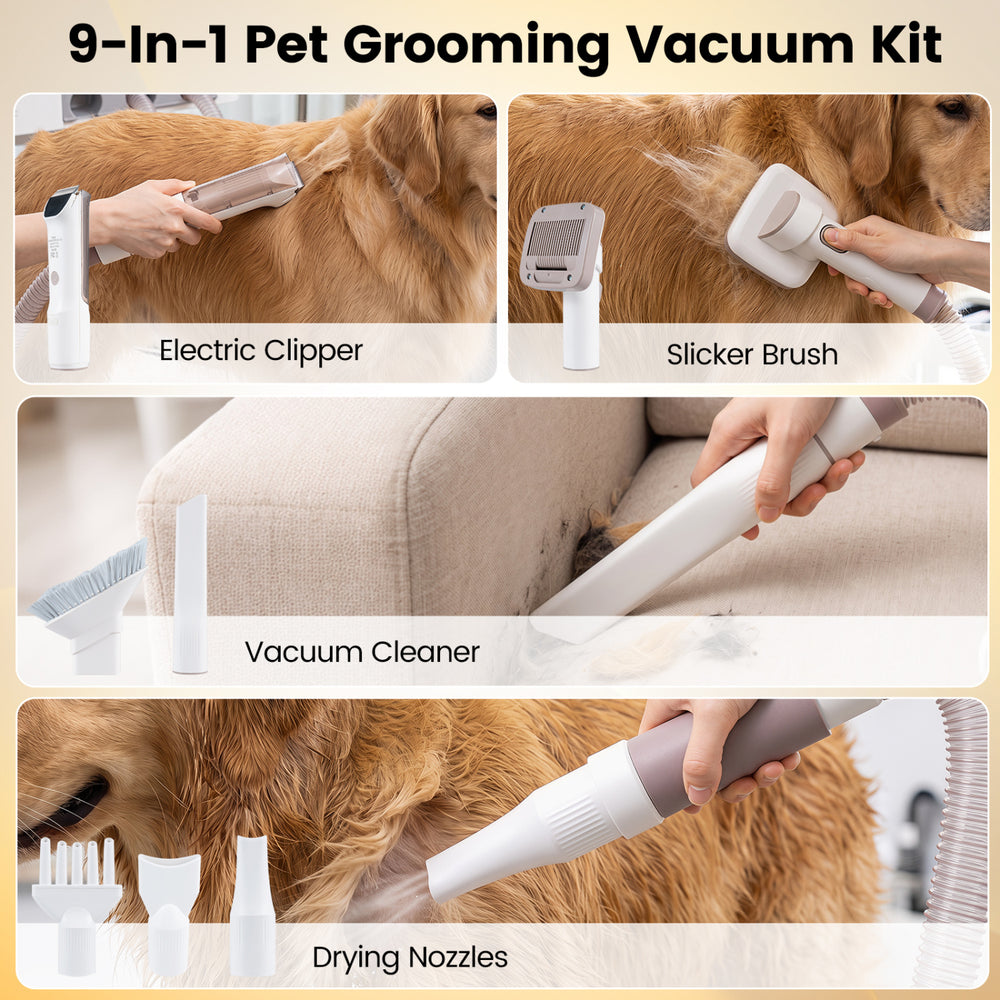 9-in-1 dog grooming vacuum kit with electric clipper, slicker brush, and drying nozzles for efficient pet grooming and cleaning.