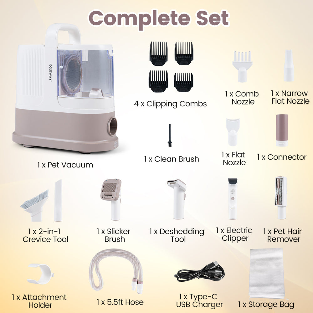9-in-1 dog grooming vacuum kit with clippers, crevice tool, and adjustable suction modes for efficient pet grooming.