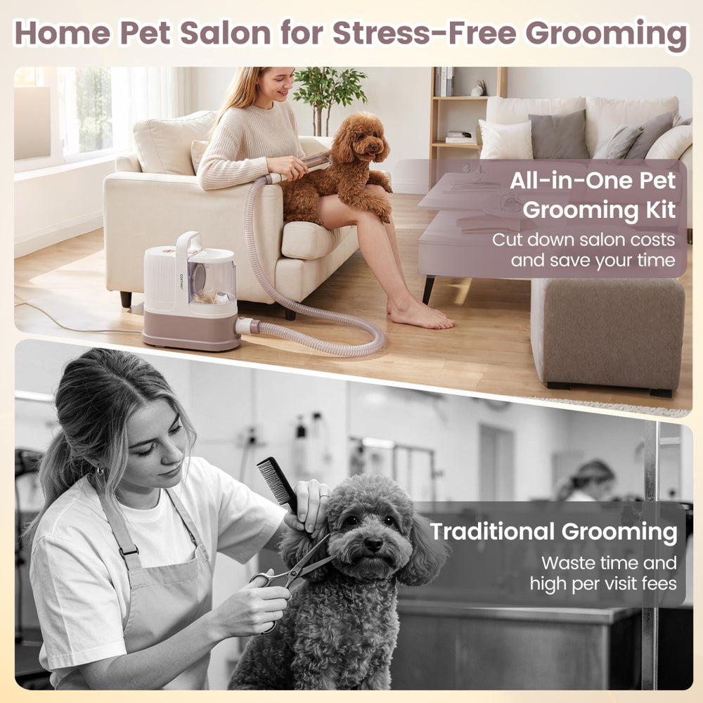 9-in-1 dog grooming vacuum kit with adjustable warm airflow and 3 suction modes for efficient home grooming and cleaning.