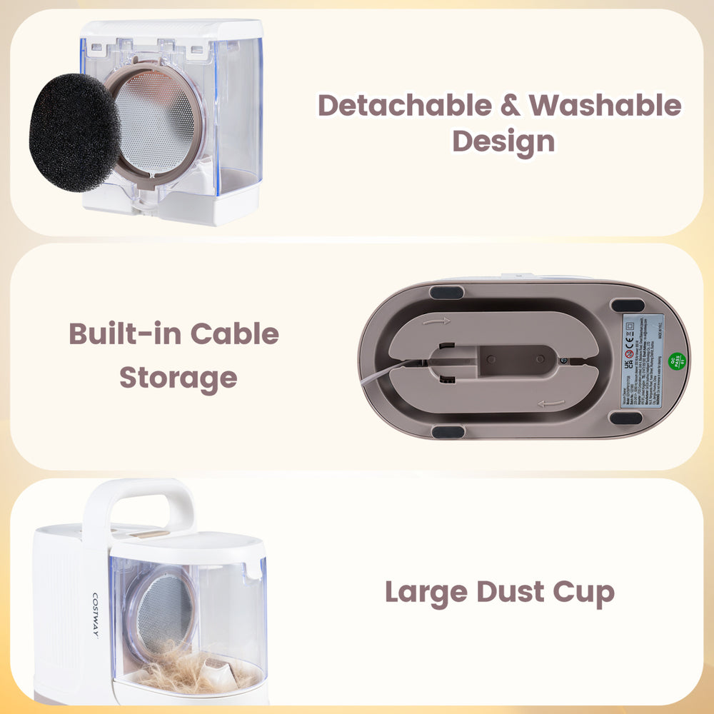 Detachable and washable design of the 9-in-1 dog grooming vacuum kit with large dust cup and built-in cable storage.
