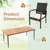 Dimensions of the 9-piece patio dining set with acacia wood table and rattan chairs, featuring an umbrella hole.