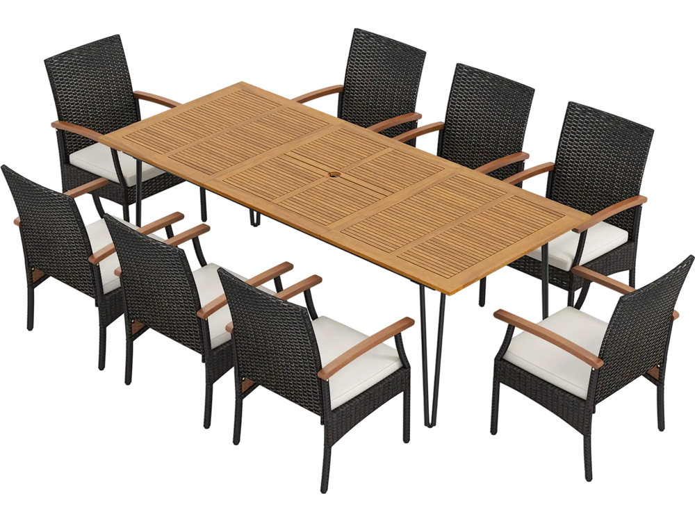 9 Pieces Outdoor Patio Dining Set with Acacia Wood Square Table and Umbrella Hole