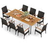 Outdoor patio dining set featuring an acacia wood square table and 8 cushioned armchairs, perfect for gatherings.