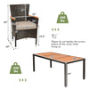 Stackable cushioned chair from a 9-piece rattan dining set with acacia wood table, ideal for outdoor gatherings.
