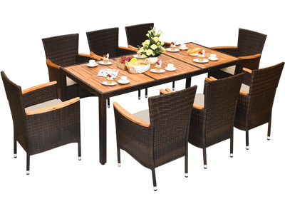 Costway 9-Piece Outdoor Patio Rattan Dining Set Acacia Wood Table Stackable Cushioned Chairs 97206435 New