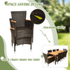 Stackable cushioned chairs with armrests, made of rattan, designed for outdoor dining set, perfect for backyard.