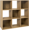 Natural wooden 9-cube bookshelf with anti-tip kits, ideal for organizing books and decorations in living rooms or kids' rooms.