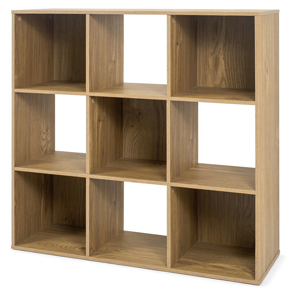 Natural 9-cube wooden bookshelf with anti-tip kits, ideal for organizing toys, books, and decorations in living rooms.