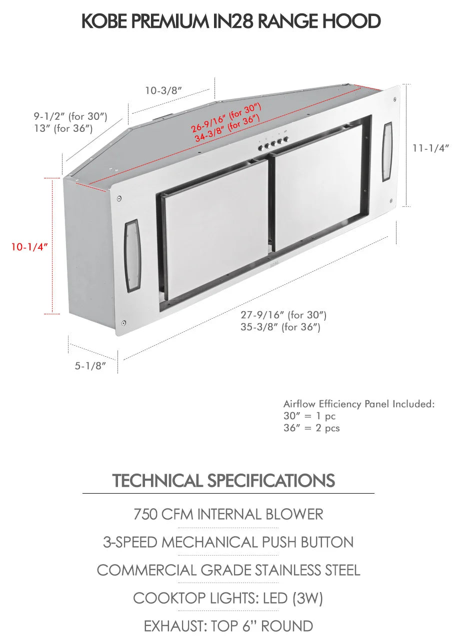 Kobe IN28 Premium Range Hood Insert 30" 3-Speed 750 CFM with Airflow Efficiency New