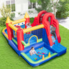 Colorful 9-in-1 inflatable bounce castle with water slide and splash pool, featuring a ball pit and safety handrails.