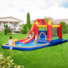 Colorful 9-in-1 inflatable bounce castle with water slide and splash pool, perfect for outdoor fun and games.