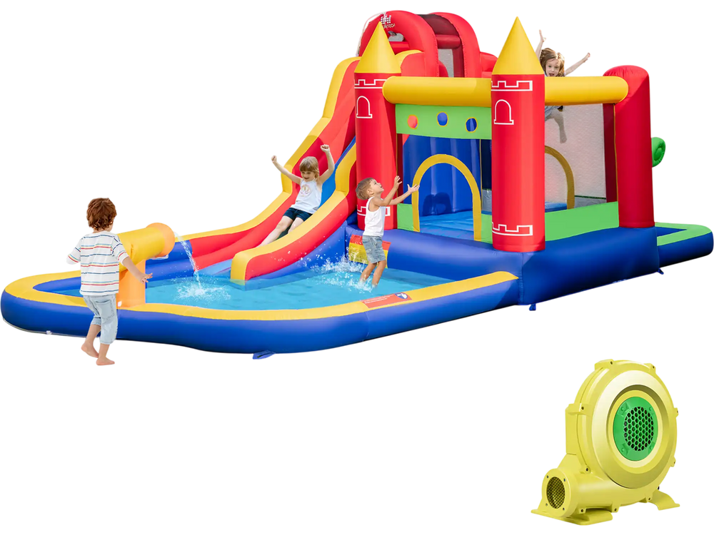 9-in-1 Inflatable Bounce Castle with Water Slide and Splash Pool with 735W Blower
