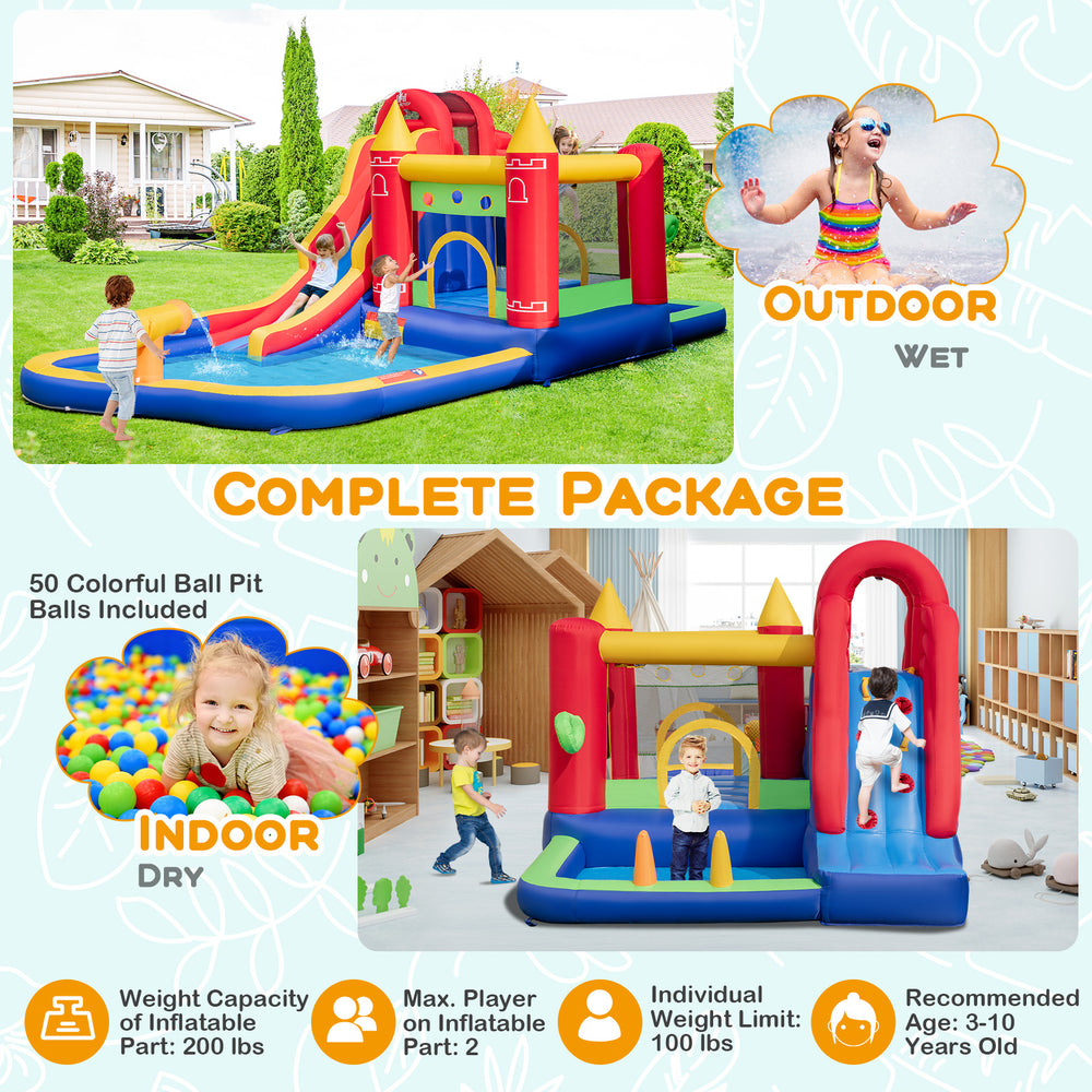 9-in-1 inflatable bounce castle with water slide, splash pool, and ball pit for indoor and outdoor fun for kids.