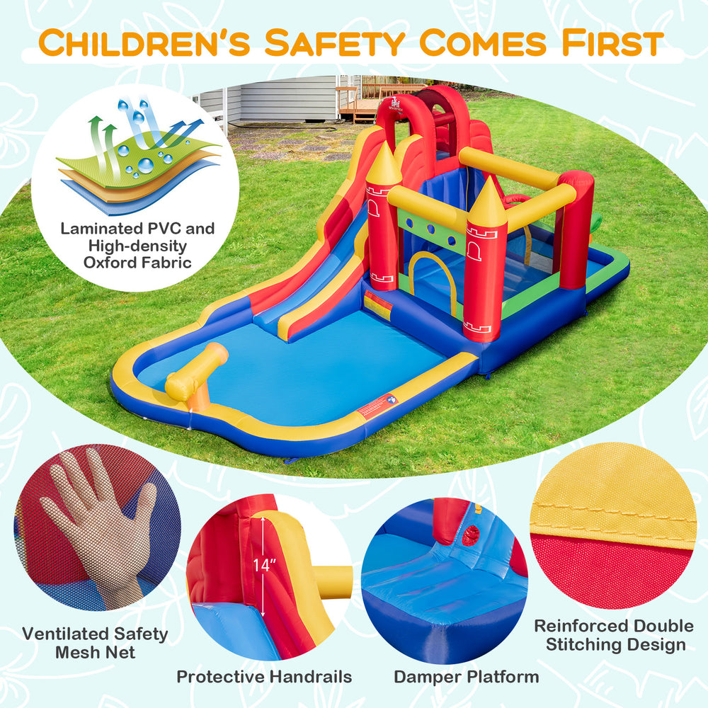9-in-1 inflatable bounce castle with water slide, splash pool, and safety handrails for fun outdoor play.