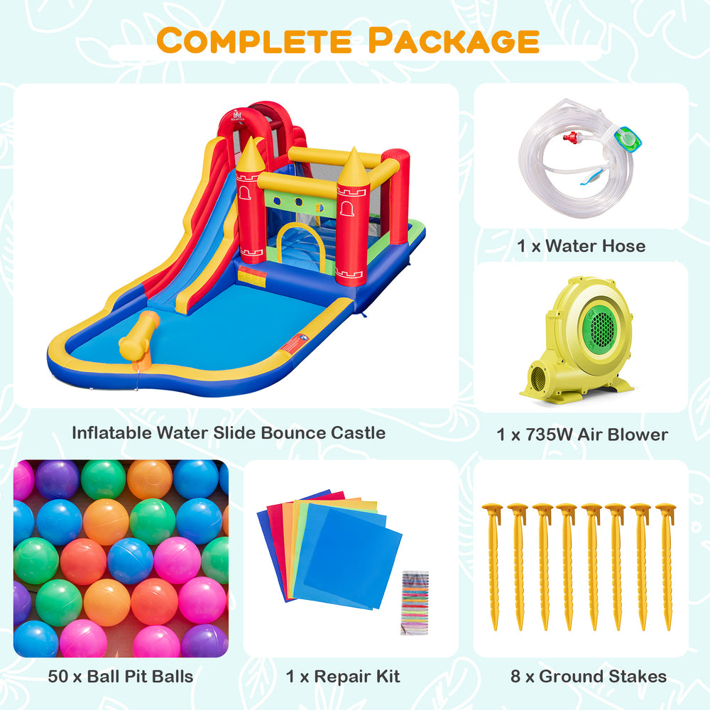 9-in-1 inflatable bounce castle with water slide, splash pool, and 50 colorful ball pit balls for outdoor fun.