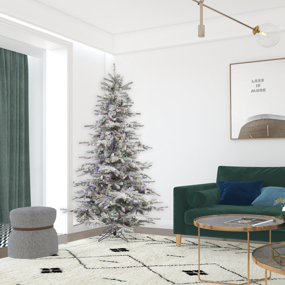 Vickerman Flocked Sierra Fir Artificial Christmas Tree 7.5' Pre-Lit Multi-Colored LED Lights New
