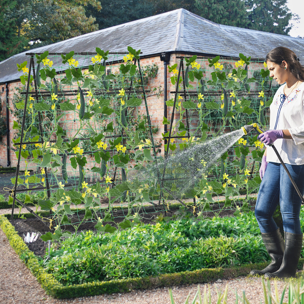 A-frame garden cucumber trellis with netting, featuring sturdy black metal tubes, ideal for climbing plants outdoors.