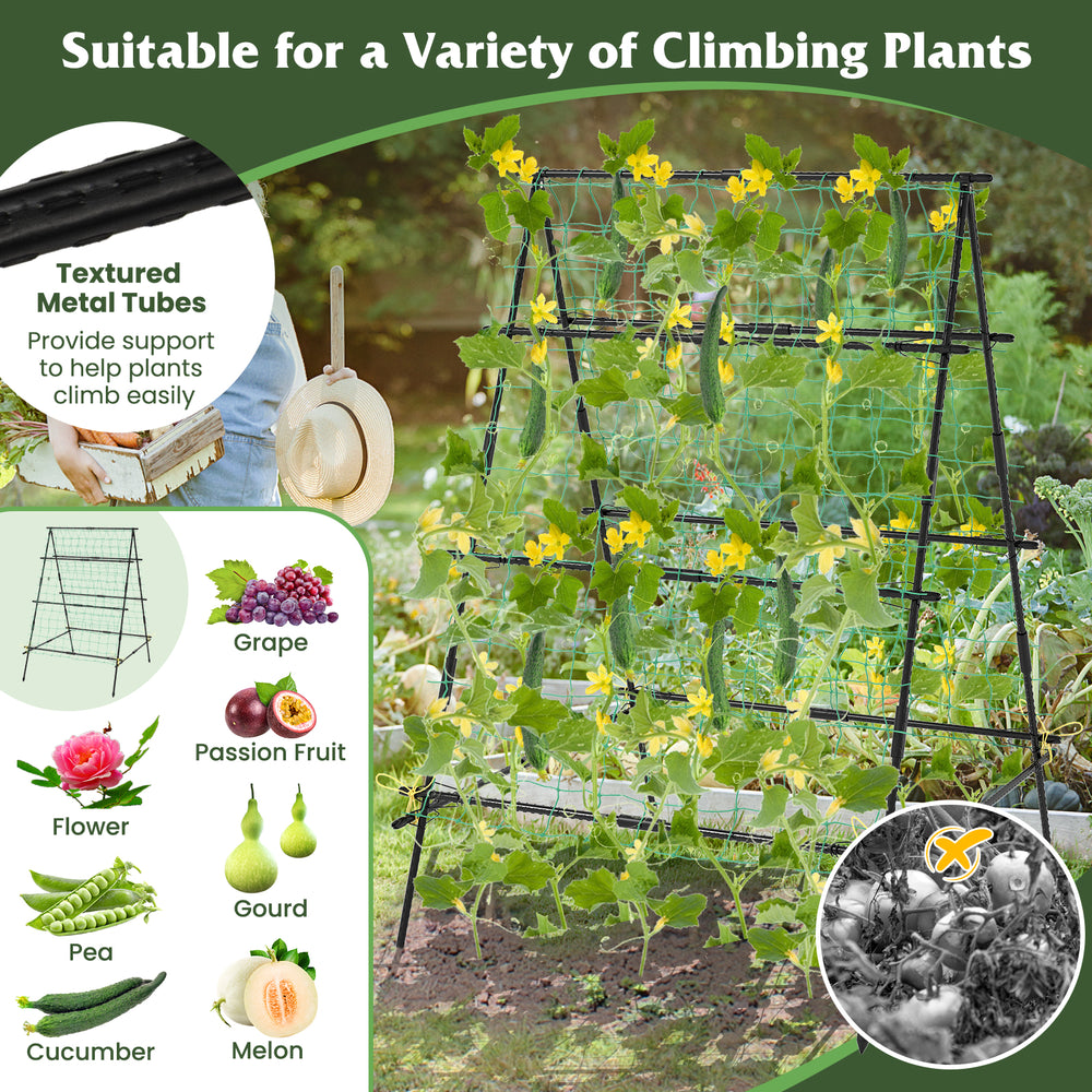 A-frame garden cucumber trellis with netting, black, for climbing plants like flowers and vegetables, offering strong.