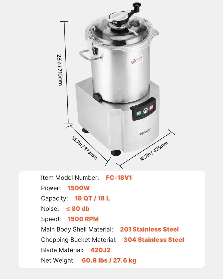 Vevor Commercial Food Processor 19 Qt Stainless Steel 1500 RPM  Vegetable Chopper New