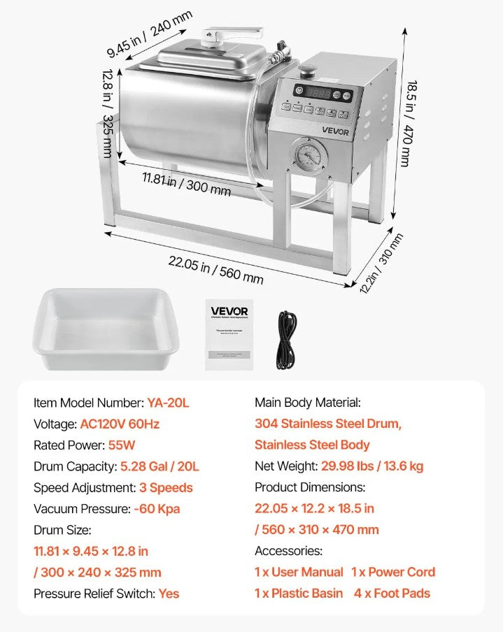 Vevor Vacuum Meat Tumbler 5.3 Gal Marinator Machine Stainless Steel Commercial Use New