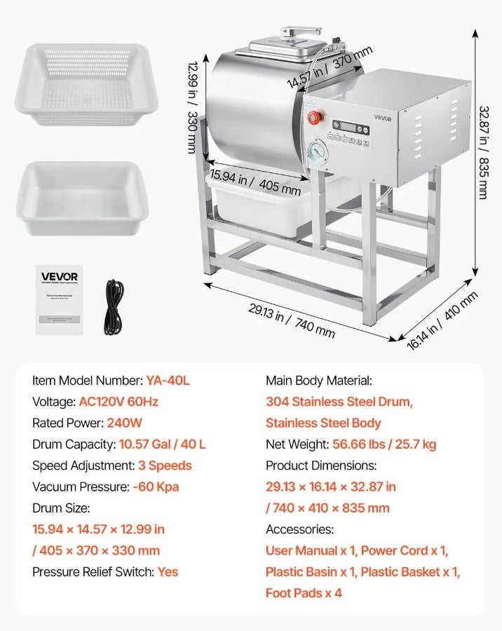 Vevor Commercial Vacuum Meat Tumbler Marinator 10.6 Gal with Bidirectional Rotation New