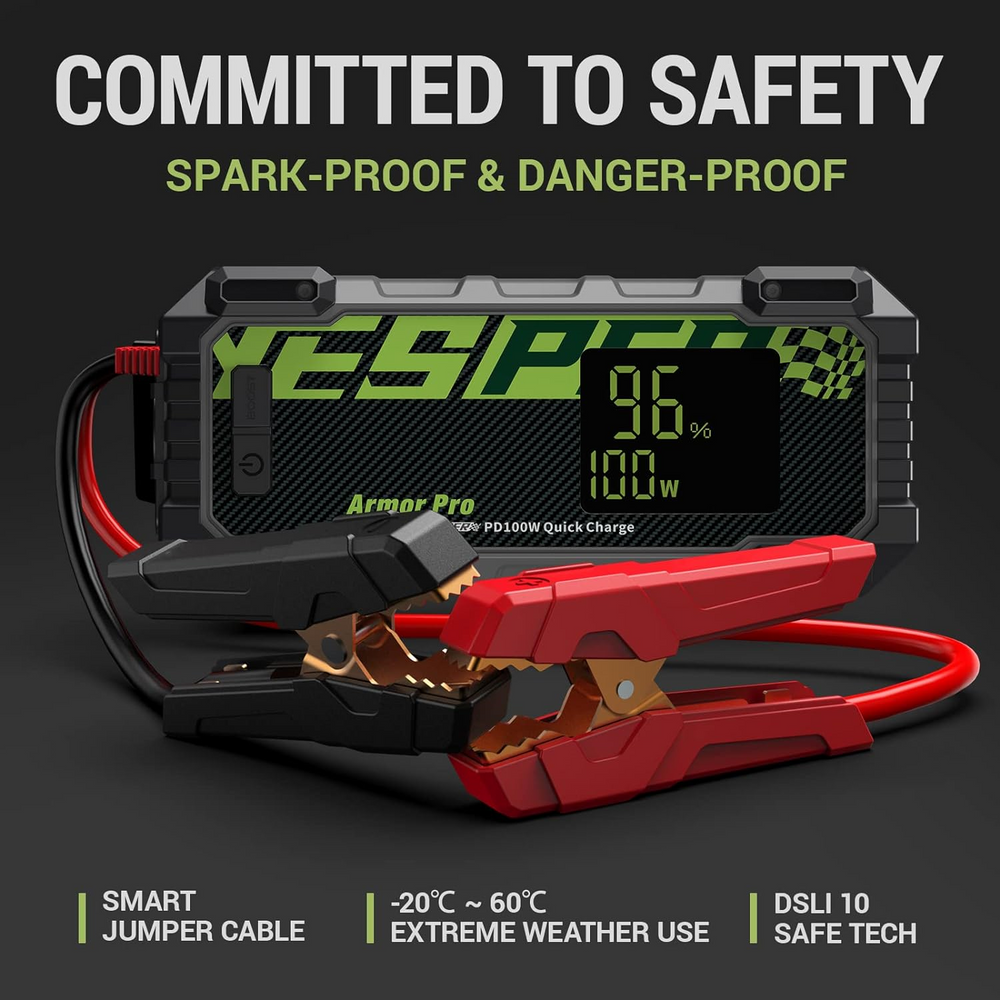 Yesper ARMOR-PRO Jump Starter Battery Pack Power Bank 2500A 66666mAh 120 Starts for 12V Vehicles Up To 8.0L Gas and 5.5L Diesel Engines New