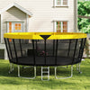 Yellow ASTM compliant recreational trampoline with non-slip ladder, featuring a strong enclosure net and padded poles.