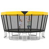 Round ASTM compliant trampoline with yellow top, featuring kids jumping inside a strong enclosure net and non-slip.