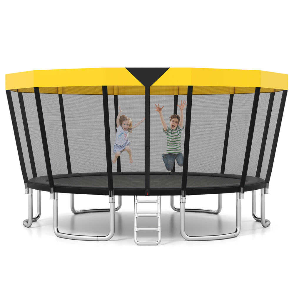 Round ASTM compliant trampoline with yellow top, featuring kids jumping inside a strong enclosure net and non-slip.