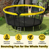 Recreational trampoline with yellow accents, featuring a strong enclosure net and non-slip ladder for safe family fun.