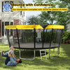 Recreational trampoline with yellow top, safety enclosure, and non-slip ladder for safe outdoor fun and stability.