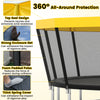 Yellow ASTM compliant recreational trampoline featuring a strong enclosure net and foam padded poles for safety.