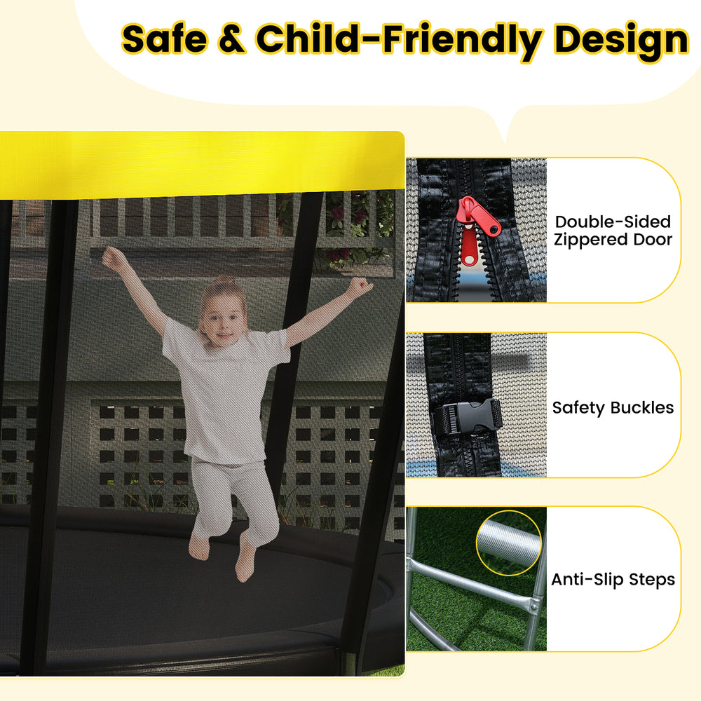 Child-friendly ASTM compliant trampoline featuring a double-sided zippered door and anti-slip ladder for safe play.
