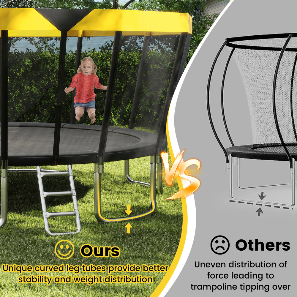 Recreational trampoline with yellow top seal, curved leg tubes for stability, and non-slip ladder for safe access.