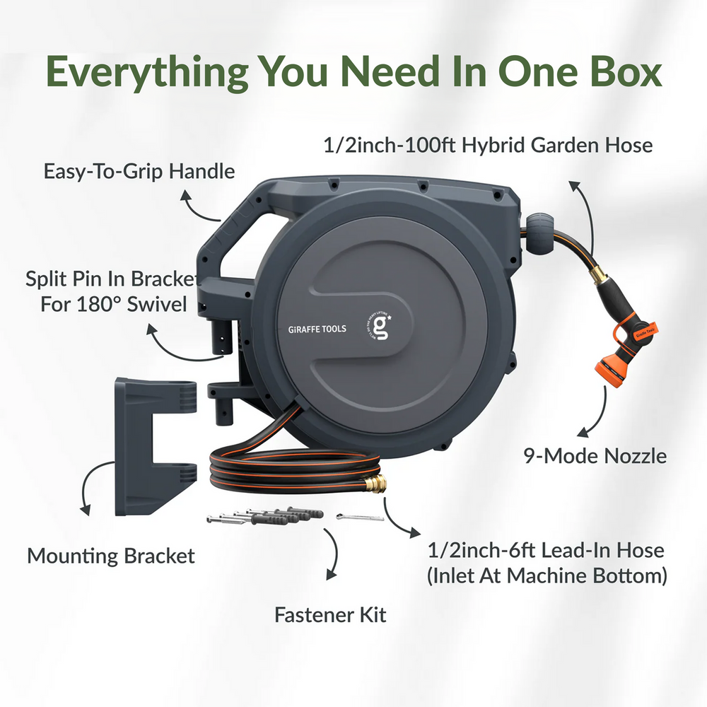 Giraffe Tools Retractable Garden Hose Reel 1/2in-100ft Dark Grey New