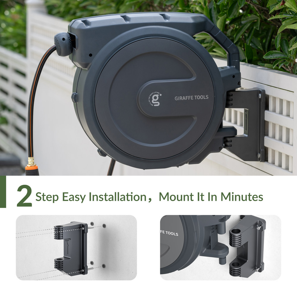 Giraffe Tools Retractable Garden Hose Reel 1/2in-100ft Dark Grey New