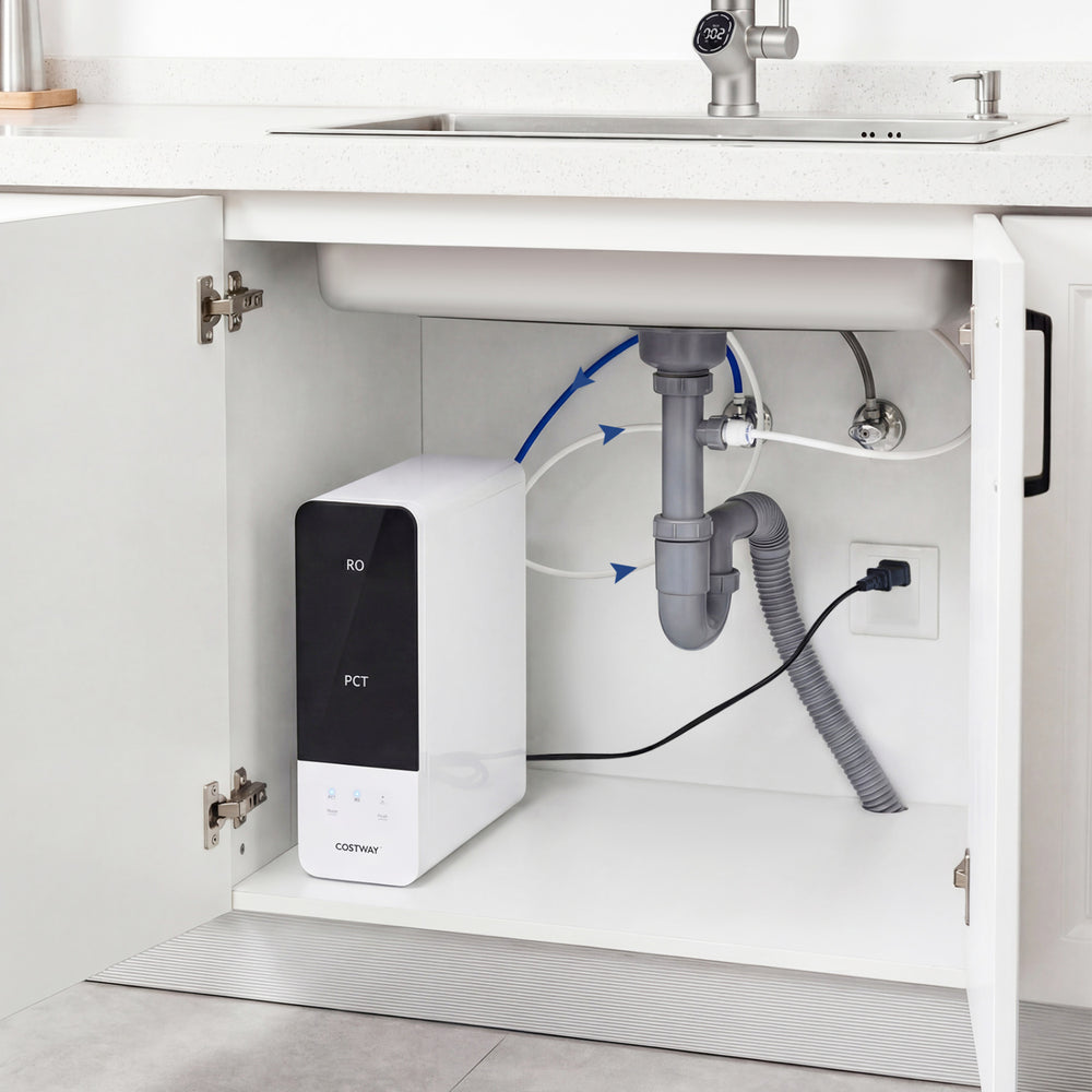 Compact AW-RB05 alkaline reverse osmosis water filter system under the sink, featuring a tankless design and easy.