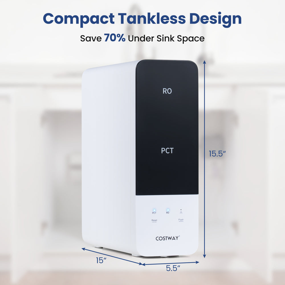 Compact tankless reverse osmosis water filter with 600 GPD flow rate, designed to save 70% under-sink space.