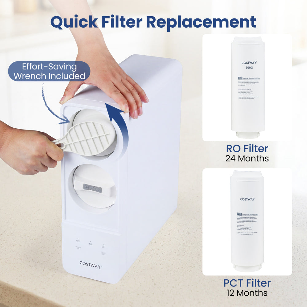 Quick filter replacement using included wrench for the COSTWAY AW-RB05 Alkaline RO water filter system.