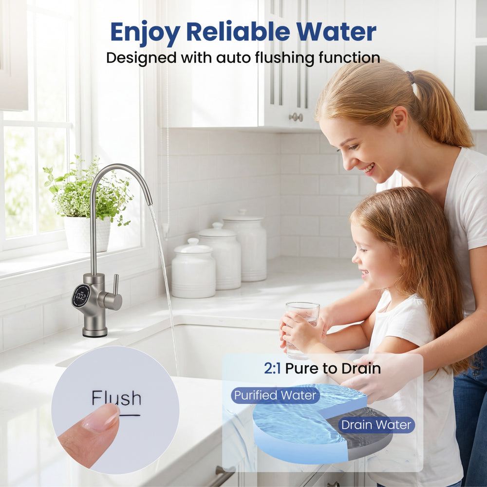 Tankless AW-RB05 Reverse Osmosis Water Filter with smart LED faucet, showing auto flushing function for purified water.