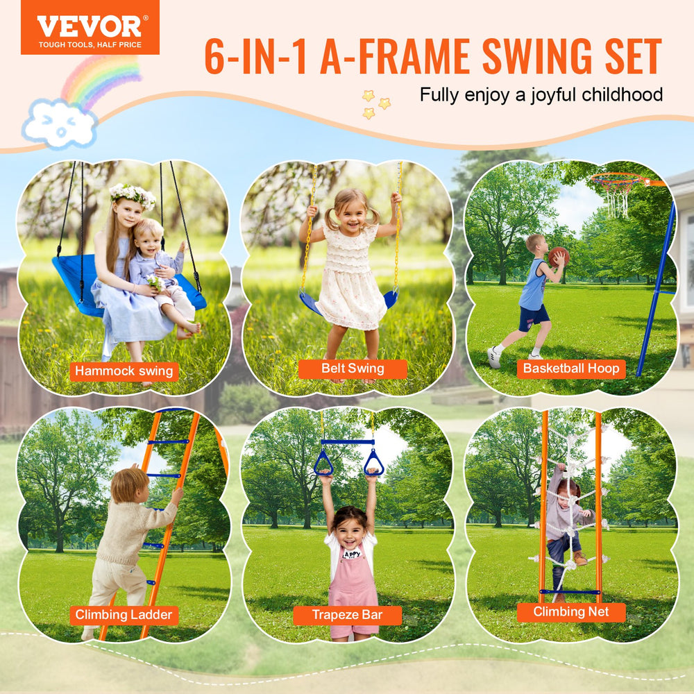 Vevor Swing Set 6-in-1 Outdoor A-Frame Playset with Swings Climbing Net Basketball Hoop 440 Lbs Capacity New