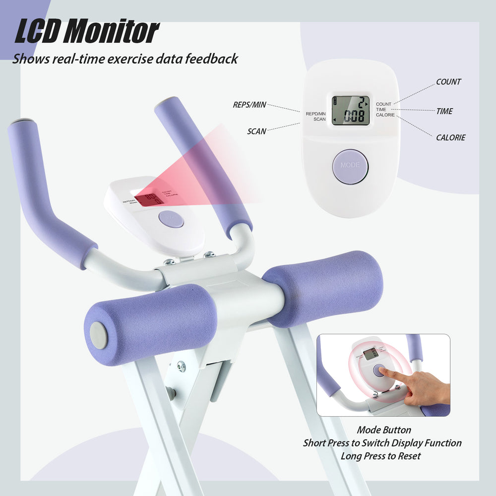 LCD monitor of the purple ab machine showing exercise data, featuring adjustable heights for efficient workouts.