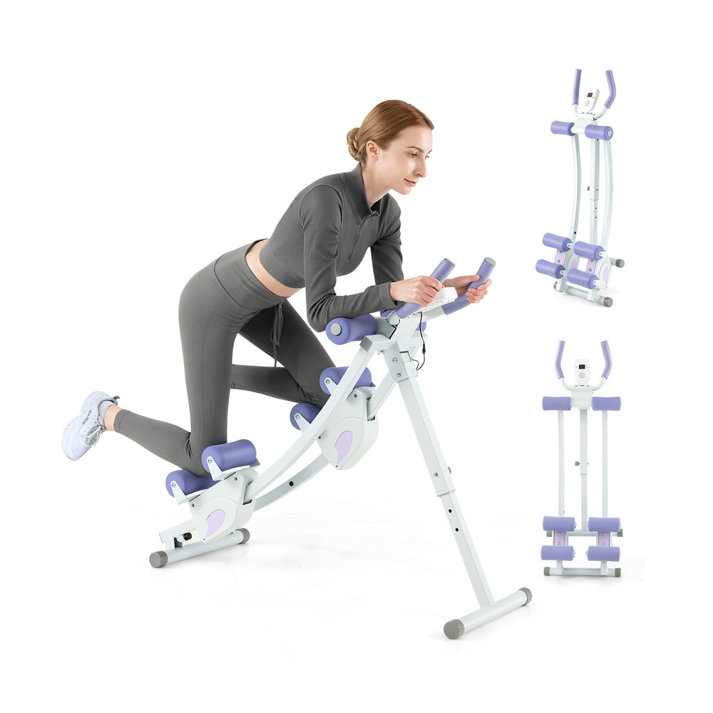 Ab machine with LCD monitor in purple, featuring adjustable heights and heavy-duty steel frame for home workouts.