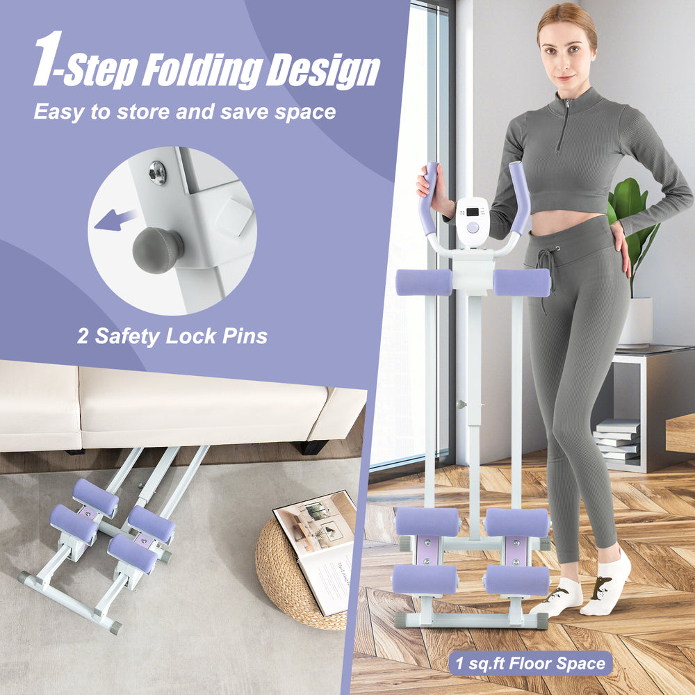 Ab machine with LCD monitor, purple, featuring 1-step folding design and adjustable heights for efficient workouts.
