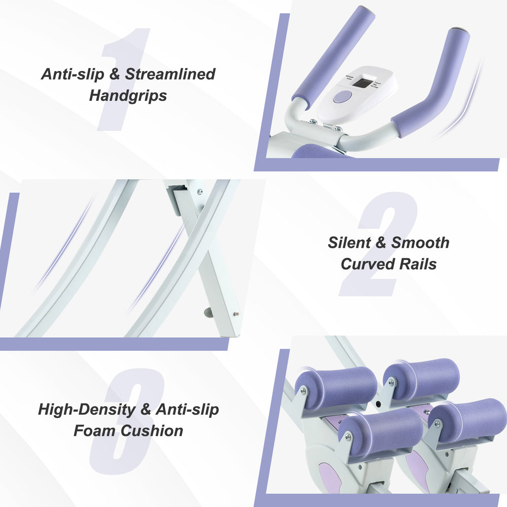 Close-up of the anti-slip handgrips and smooth curved rails on the purple ab machine for secure and silent workouts.