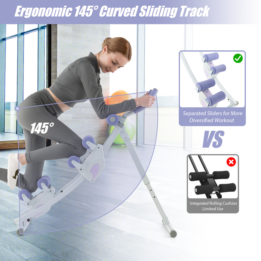 Ab machine with ergonomic 145° curved sliding track, featuring separated sliders for diversified workouts and.