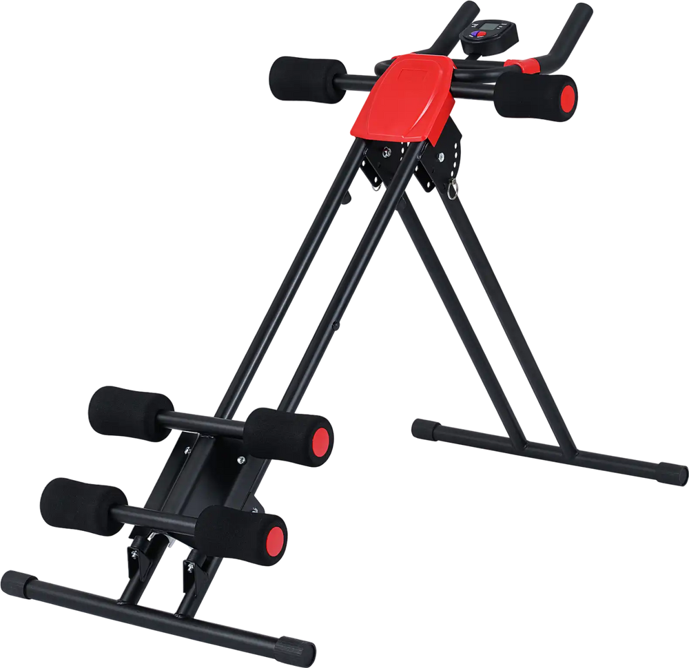 Foldable abdominal trainer in black with adjustable incline, LCD monitor, and ergonomic handlebars for effective.