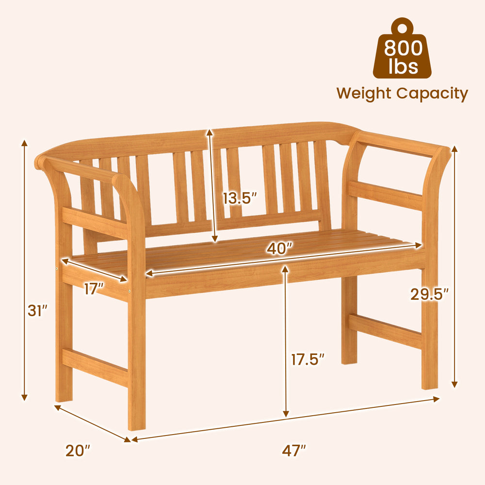 Acacia wood 2-person patio loveseat with backrest and armrests, 800 lbs capacity, ideal for outdoor relaxation.