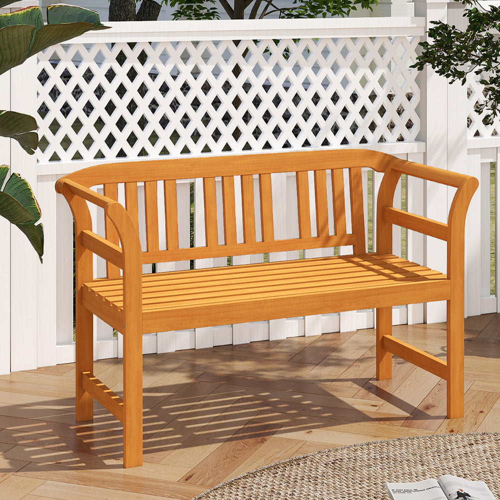 Acacia wood 2-person patio loveseat with backrest and armrests, ideal for garden or poolside relaxation.