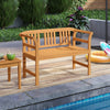 Acacia wood 2-person patio loveseat with backrest and armrests, perfect for poolside relaxation and outdoor spaces.